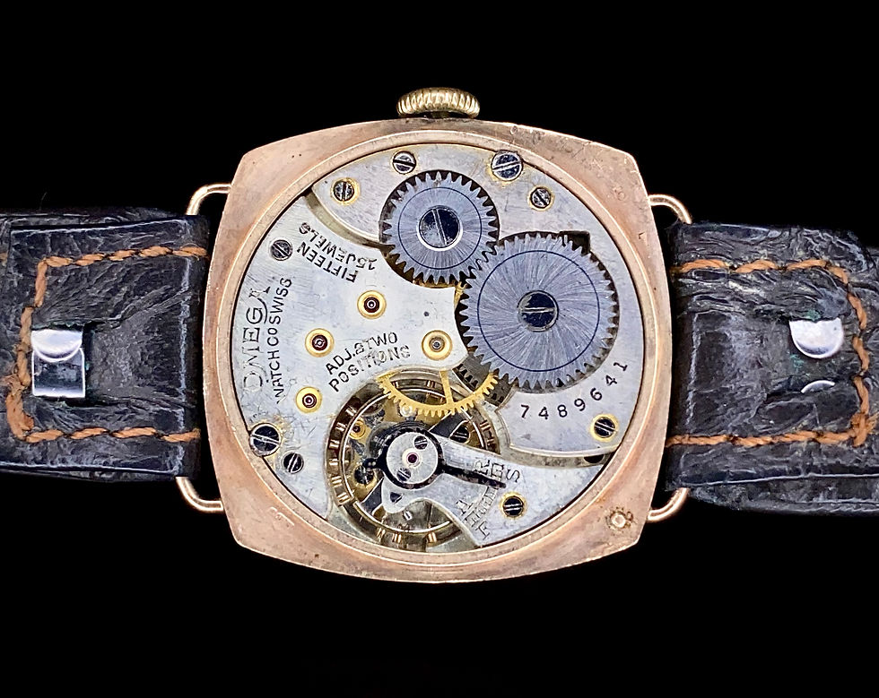 Thumbnail: 1929 Omega 9ct gold Dennison enamel dial cushion case watch cal 26.5SOB