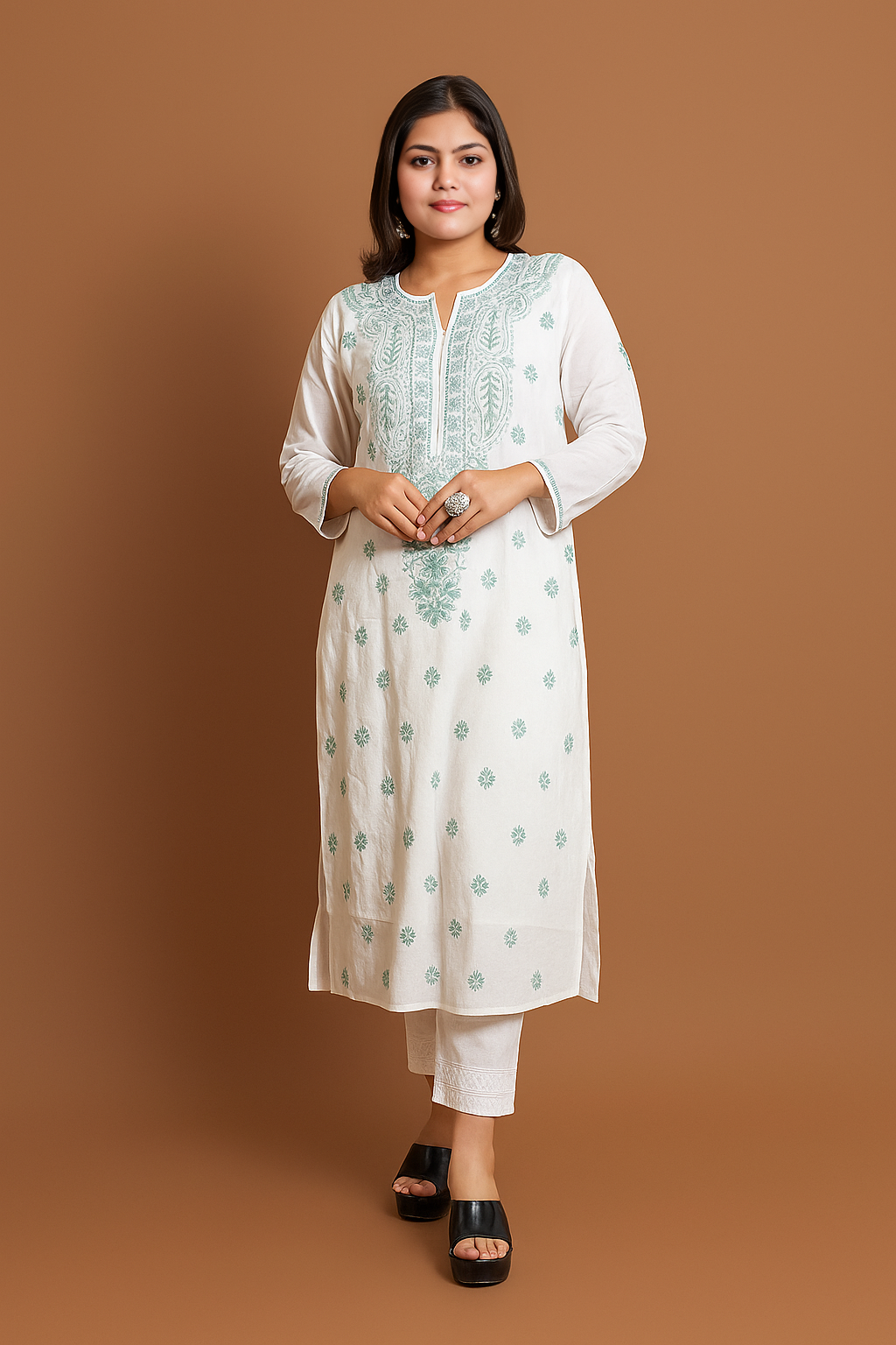 Chikavaa Handcrafted White Chikan Embroidered Kurti and Pant Set