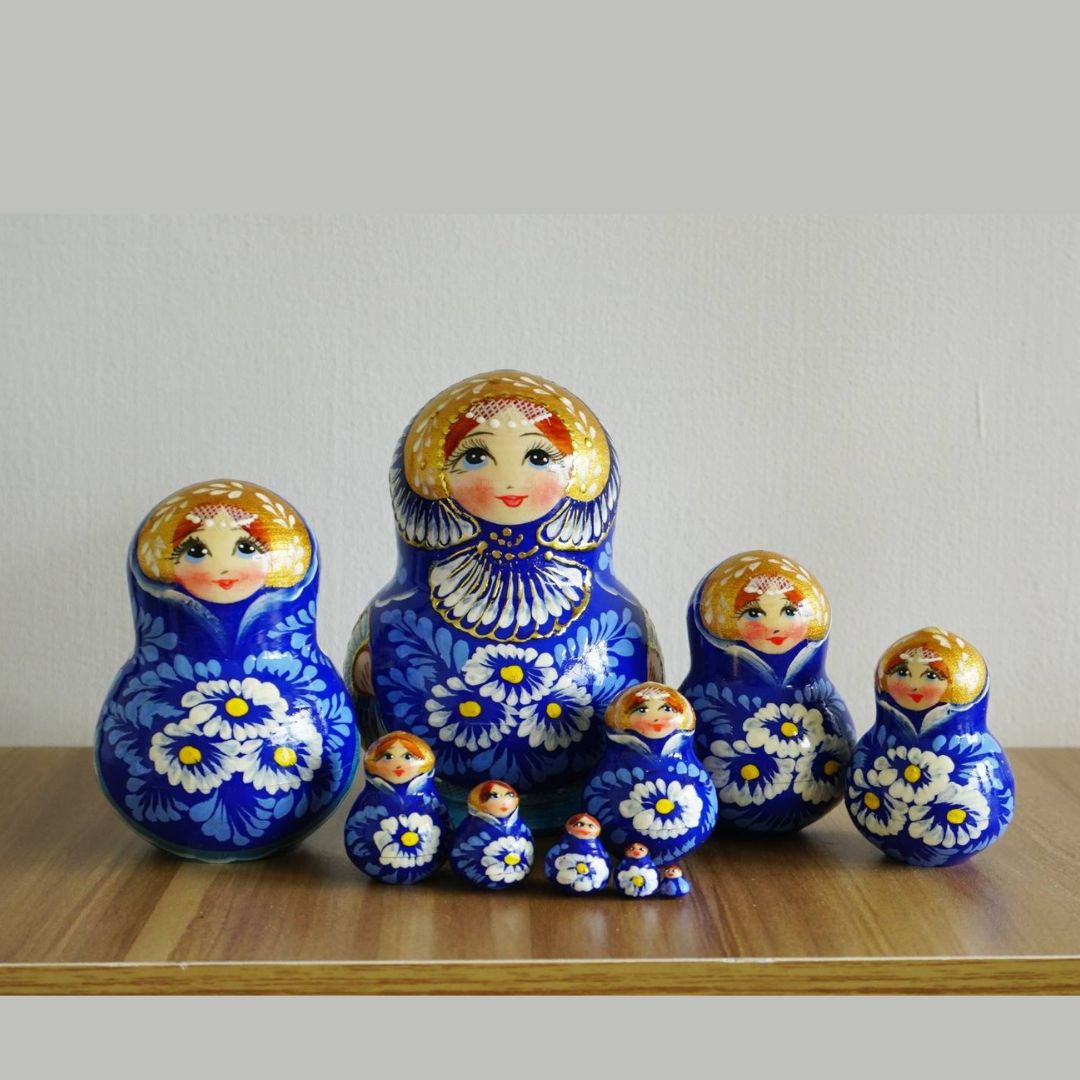莫斯科設計師木作手工彩繪精緻10層藍色俄羅斯娃娃