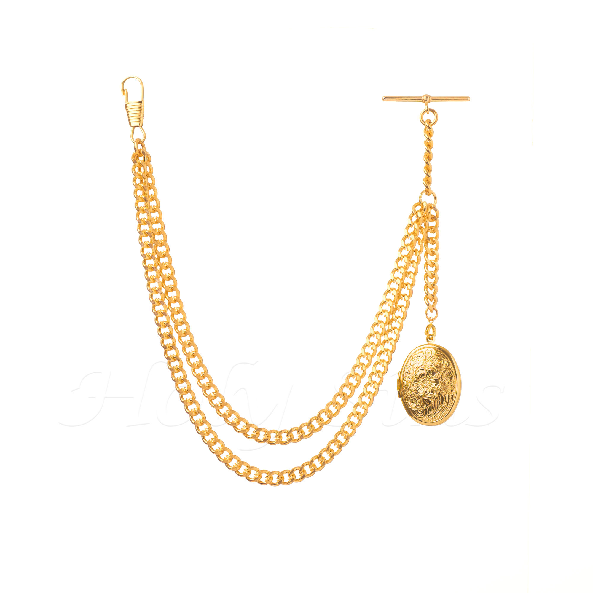 Gold Colour Single Double Link Albert Pocket Watch Chain With Locket Pendant