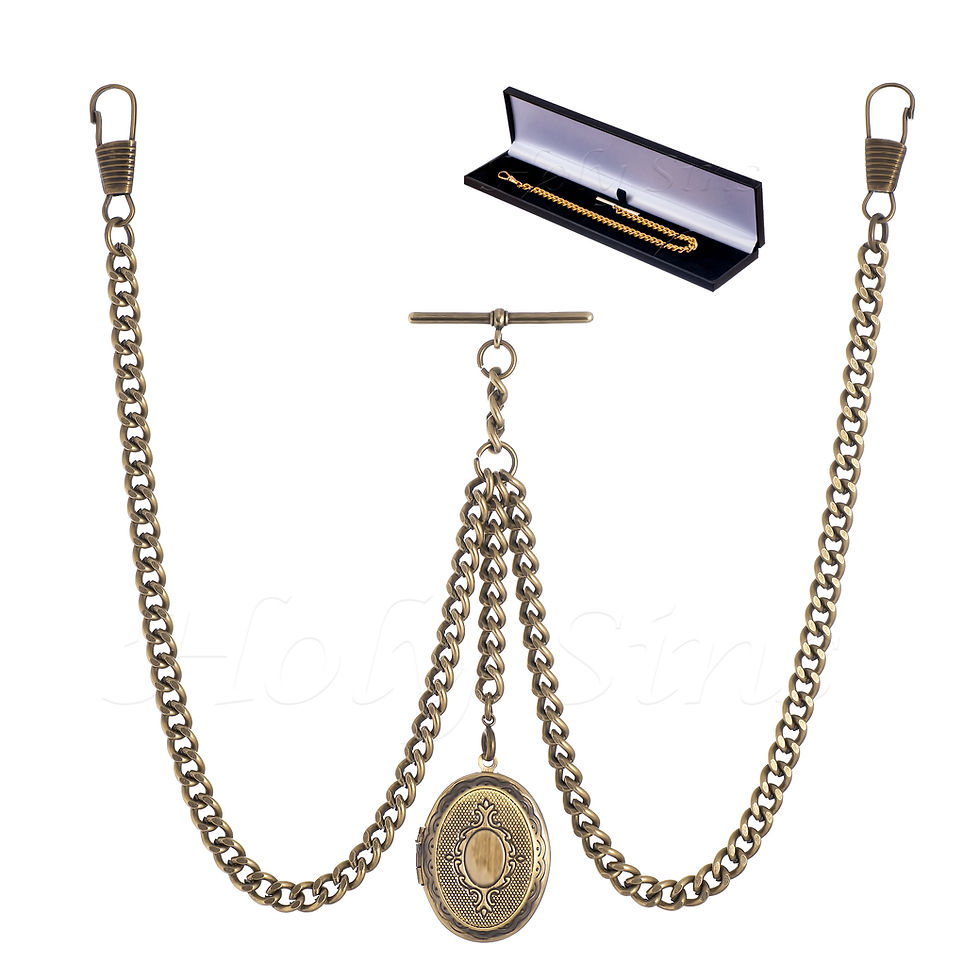 Thumbnail: Bronze Colour Double Albert Pocket Watch Chain with Locket Pendant