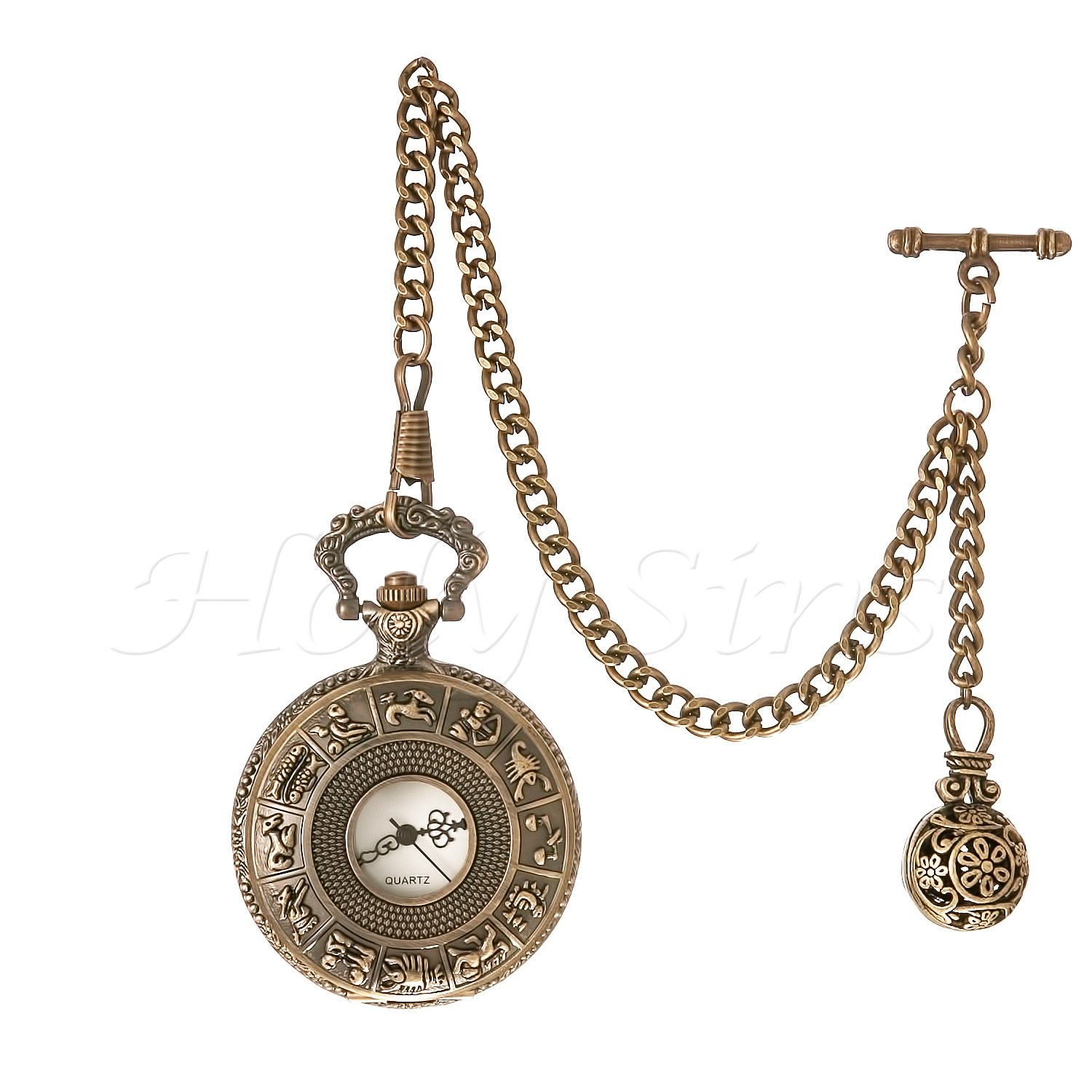 ANTIQUE DESIGN QUARTZ POCKET WATCH WITH ALBERT CHAIN