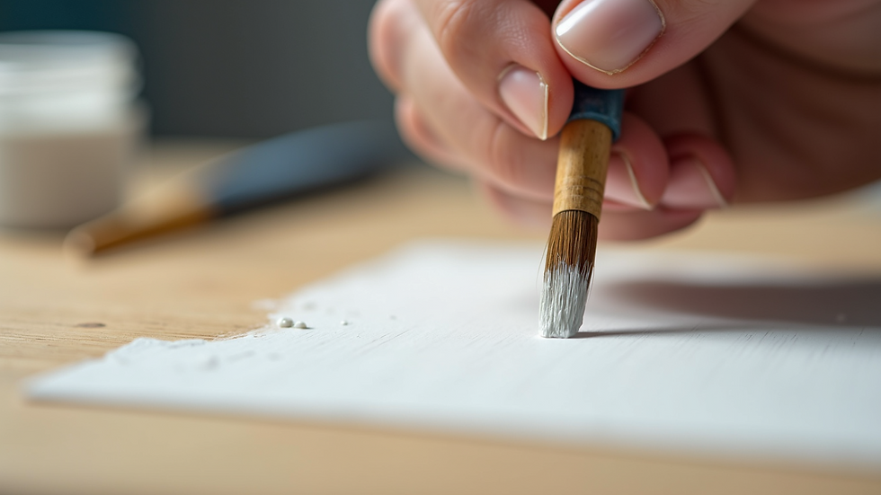 Close-up view of paintbrush applying white paint on a wooden surface