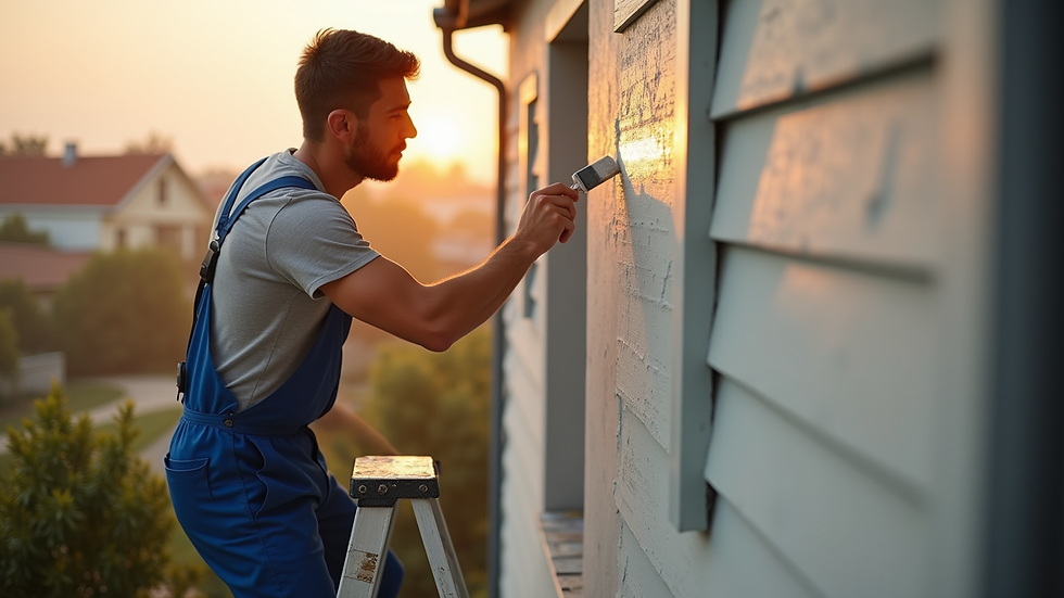 High angle view of a painter working on a ladder painting a house exterior