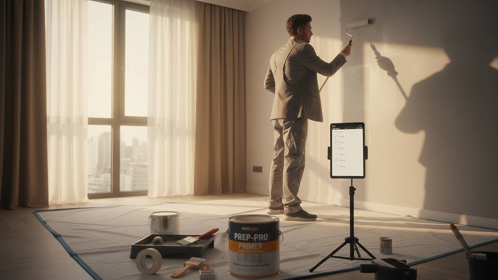 Eye-level view of painter preparing a wall for decorating