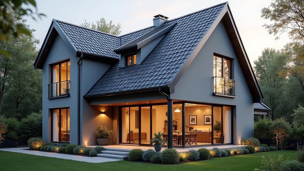 High angle view of a modern house with a newly painted exterior in soft grey
