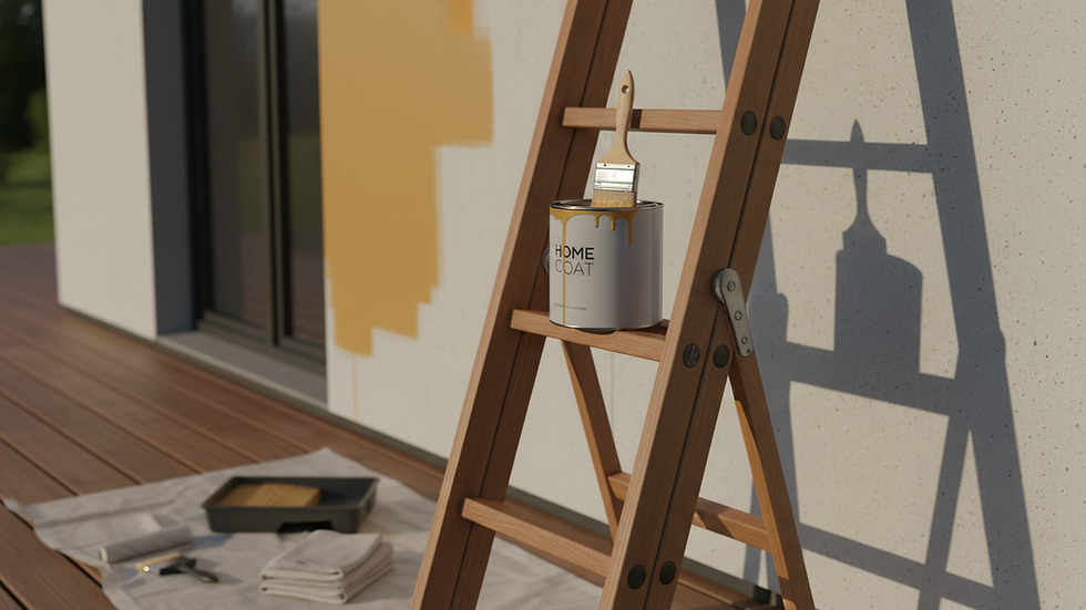 Close-up view of paintbrush and paint can on a ladder near a house wall