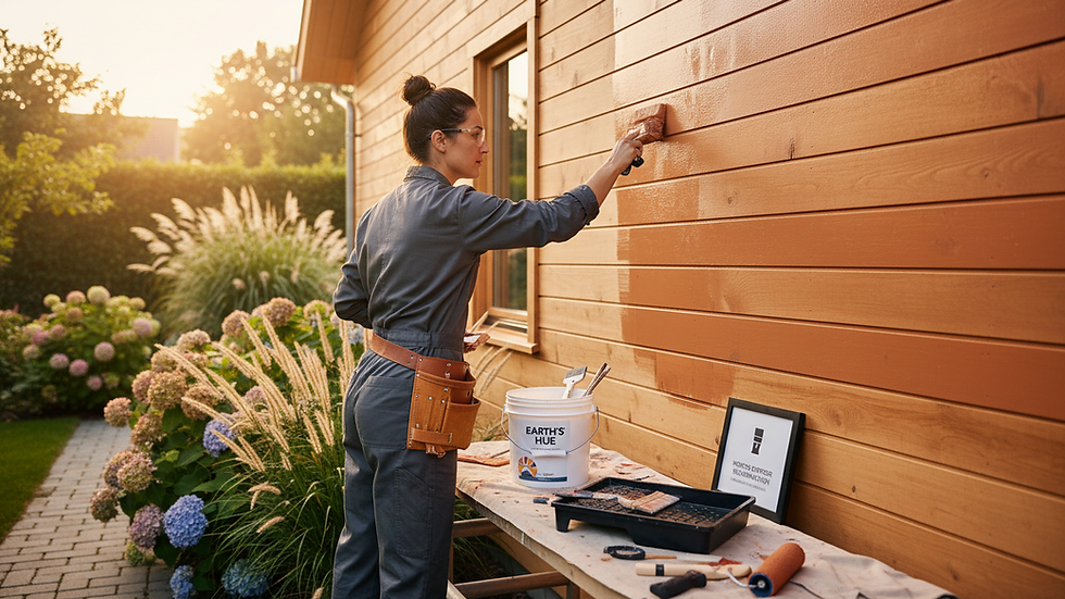 Eye-level view of a painter applying exterior paint on a wooden house wall