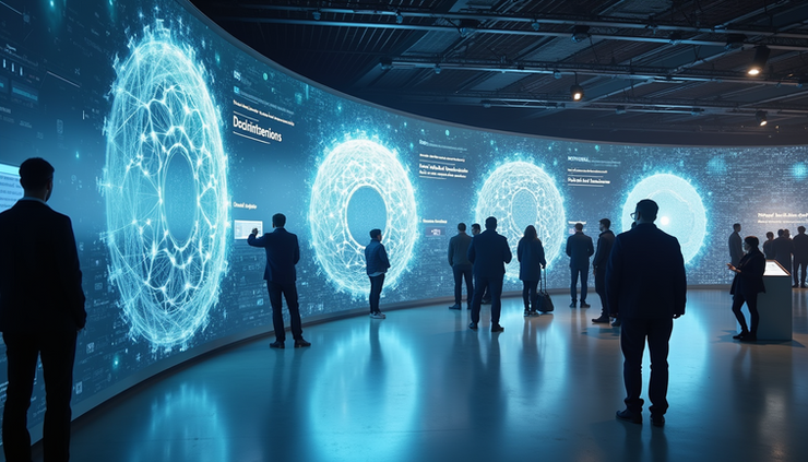 Eye-level view of a conference hall with nanotechnology displays and attendees