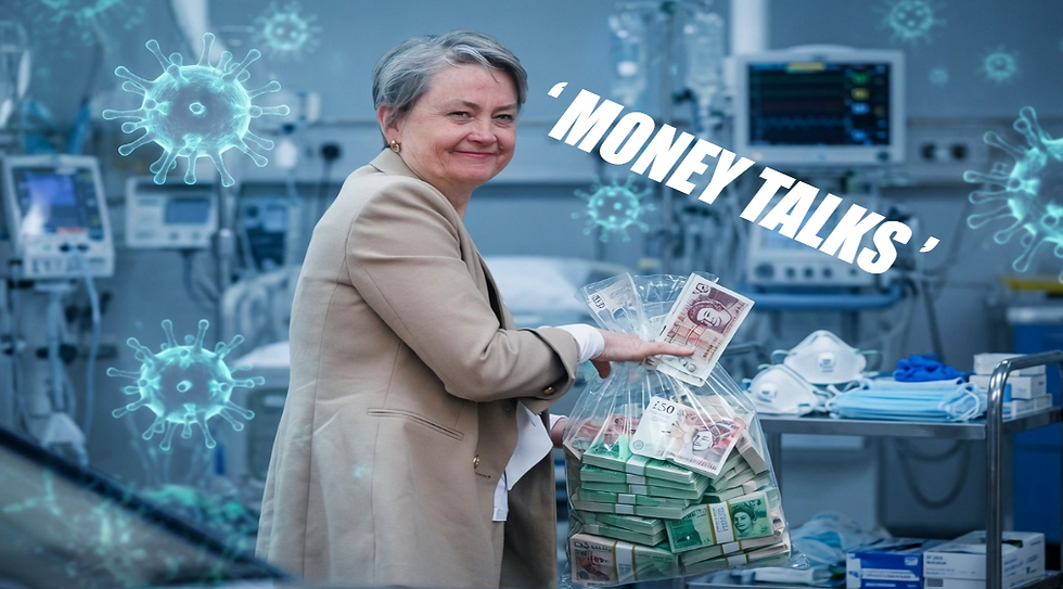 Smiling older woman in a hospital holds a bag of cash; blue virus icons and MONEY TALKS text appear in the background.