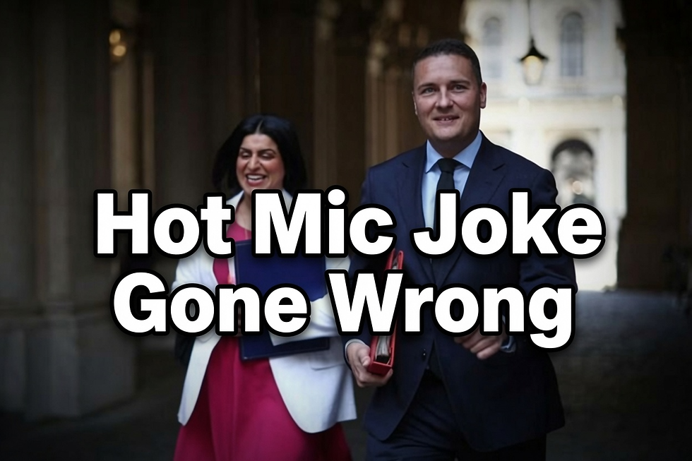 Smiling man in navy suit and woman in pink dress walk through a covered passage with large text Hot Mic Joke Gone Wrong