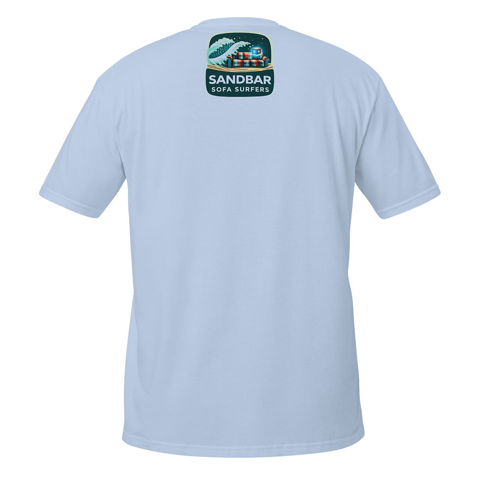 Light blue t-shirt with Sandbar Sofa Surfers logo on back