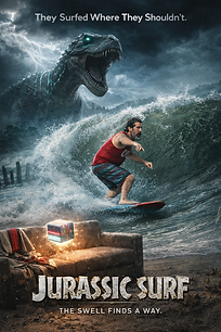 Jurassic Surf poster: man surfing, dinosaur, sofa on beach.