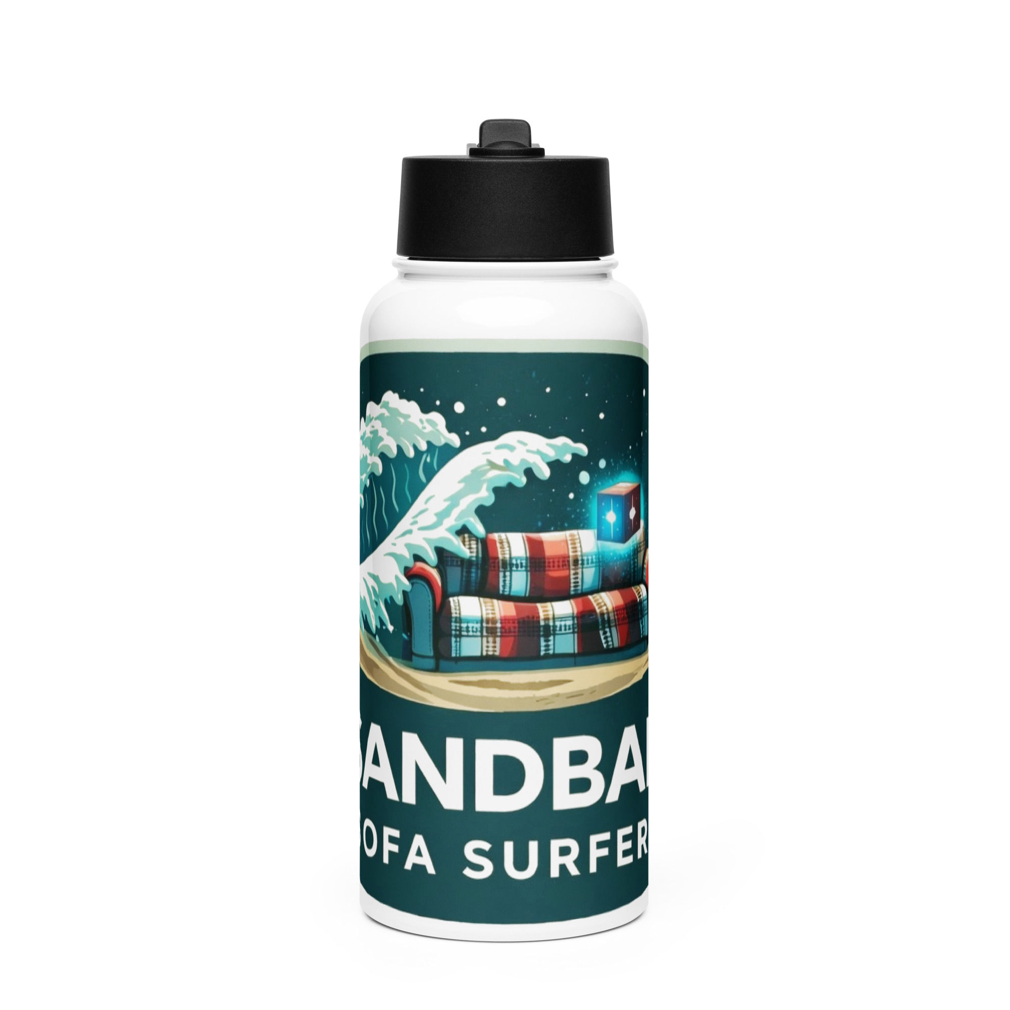 Sandbar Sofa Surfers water bottle, wave design, straw lid