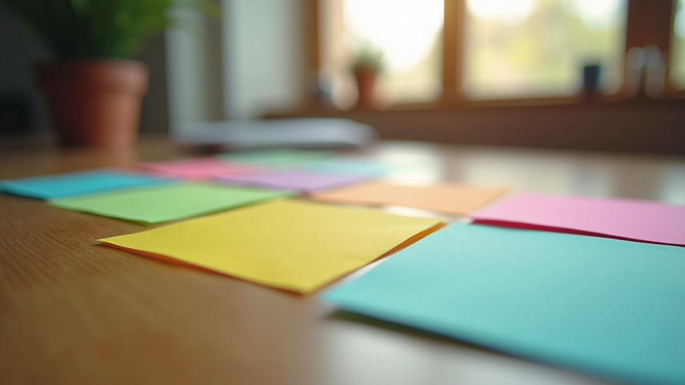 Close-up view of colorful sticky notes on a wooden desk for reminders and organization