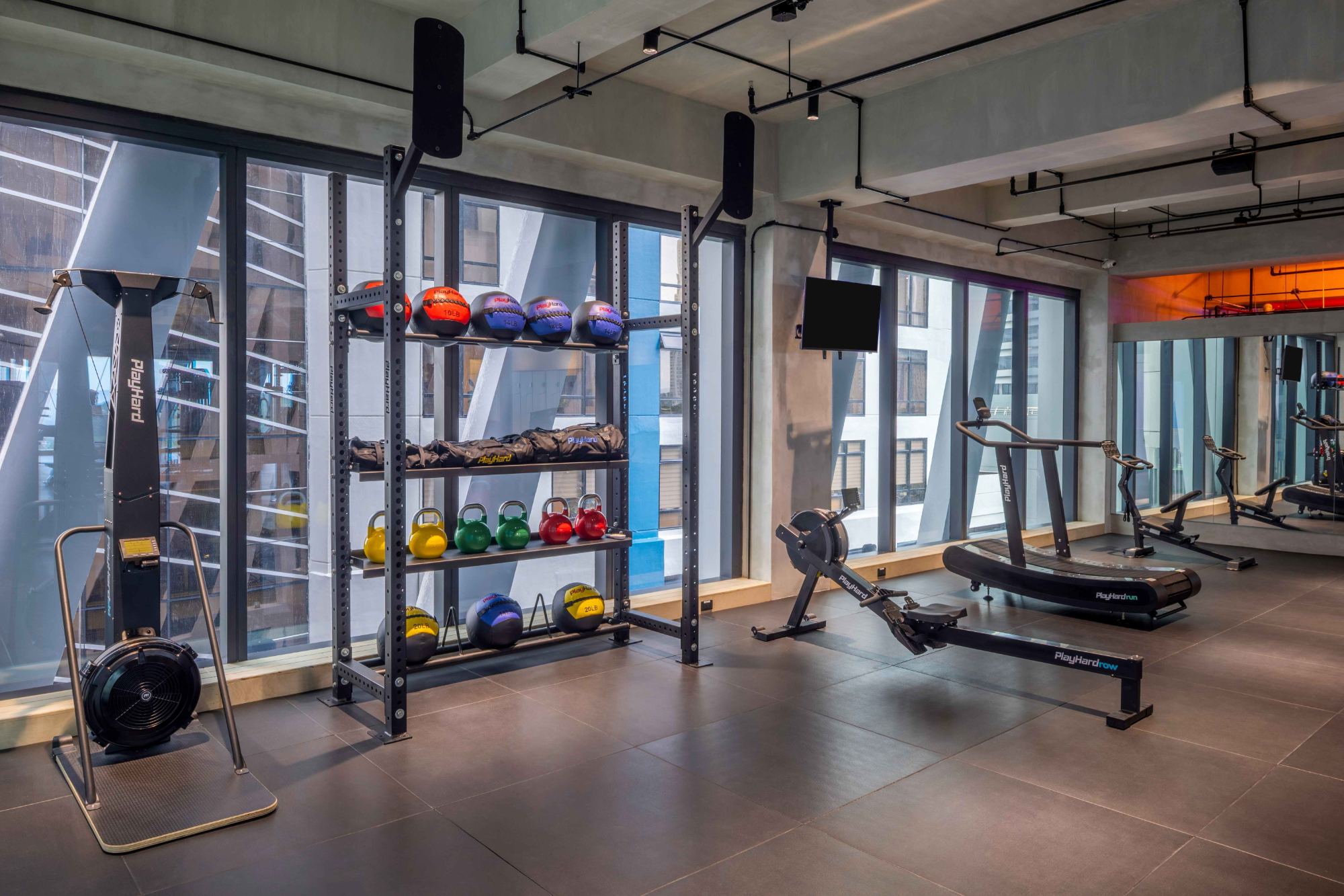 Medicine balls, SkiErg, rower and curved treadmill