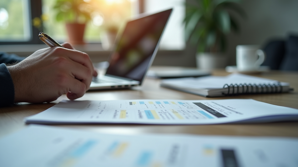 Eye-level view of a modern office workspace with a laptop and recruitment documents