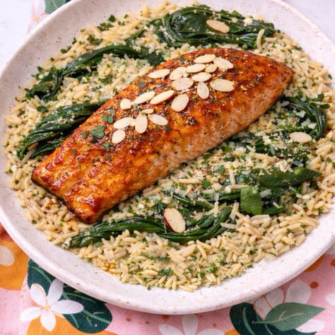 Apricot orange glazed salmon served over garlic herb orzo with spinach and sliced almonds on a white plate