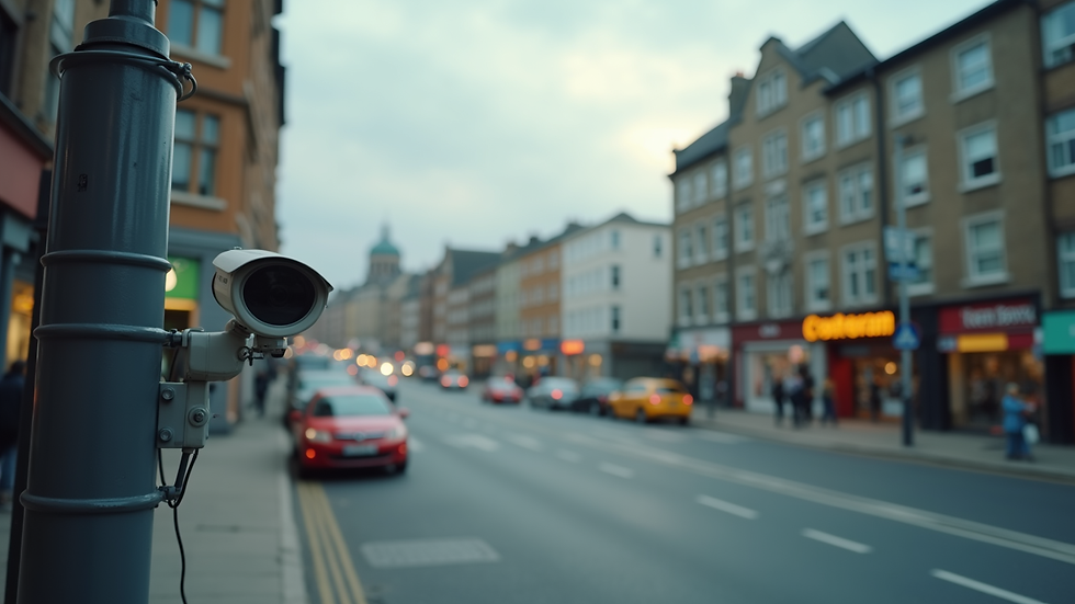 Eye-level view of a street corner with a mounted security camera