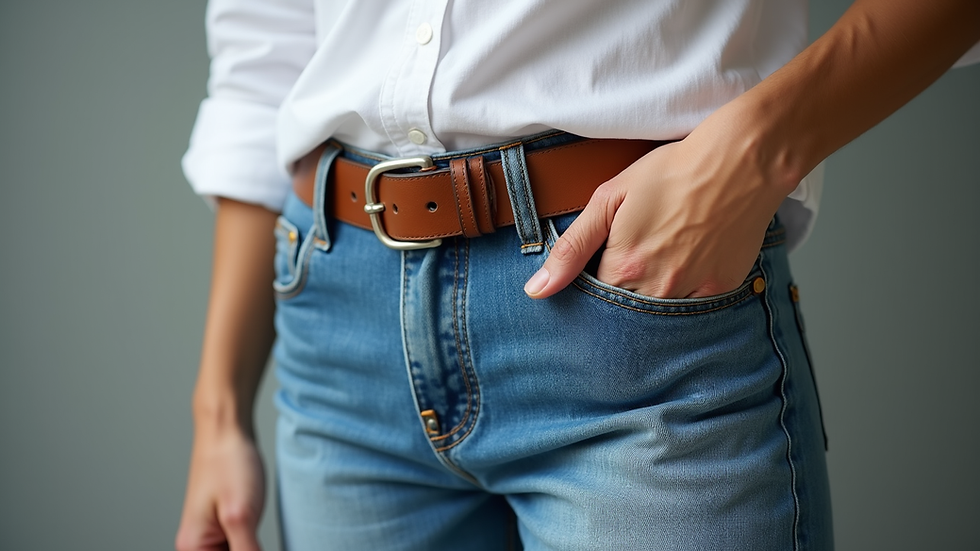 Close-up view of denim shorts paired with a casual white shirt and leather belt