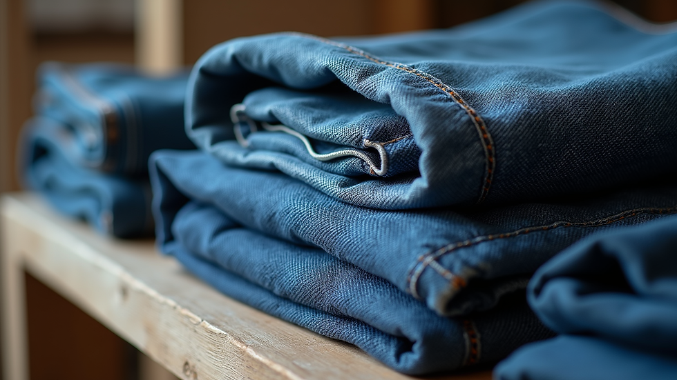 Close-up view of folded men's jeans showcasing different denim textures