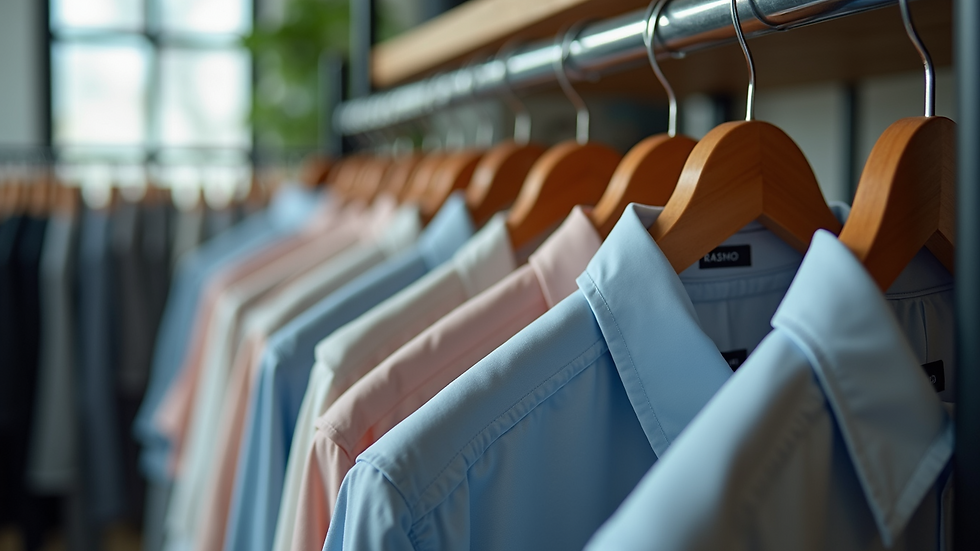 Eye-level view of a clothing rack displaying shirts with visible fabric labels