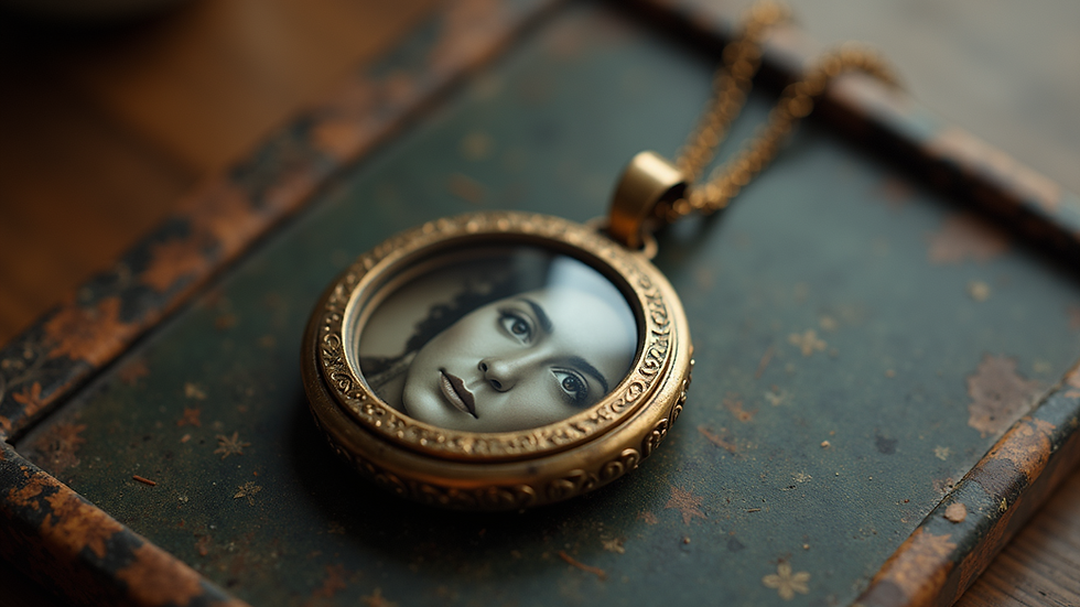 High angle view of a vintage locket containing a photo