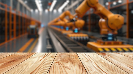 Empty wood table top with blur background of factory with robotic arms. The table giving c