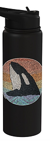 killer whale breaching with sunset background on a black water bottle.