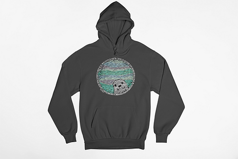 Here's alt text for this one:
"Dark gray pullover hoodie with the 'Got Fish?' harbor seal design printed on the front, showing a woven-style circular image of a harbor seal against a blue-green striped background.