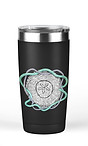 an insulated thermos with an image of an original weaving of a sand dollar with decorative rope borders