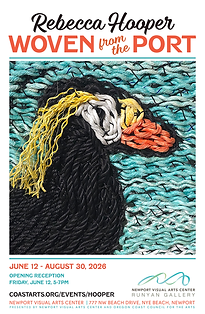 poster advertising Rebecca Hooper's solo exhibition, Woven from the Port, June 12 - August 30, 2026. Poster image is a woven image of a tufted puffin.