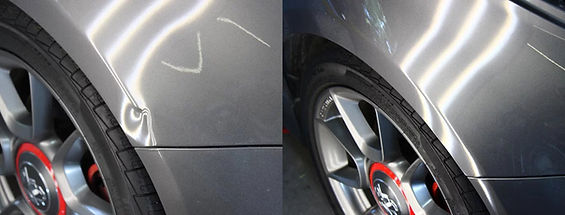 Fender ding before and after PDR repair.