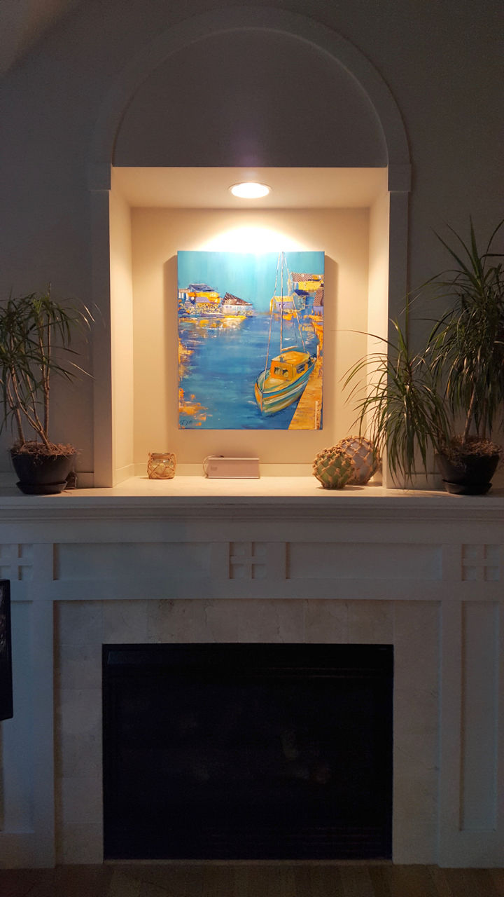 Thumbnail: Dock,on display, sailboat in harbor in acrylic, mixed media painting by East Coast fine artist Patrice Drago