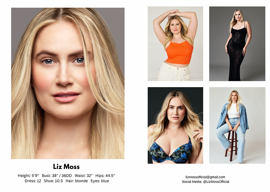 Liz Moss, Comp Card, LizMoss, CompCard, Modeling Stats, Measurements, Contact, Social Media