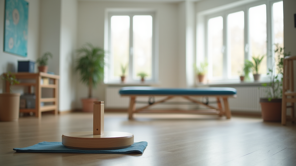 Eye-level view of physical therapy room with balance equipment