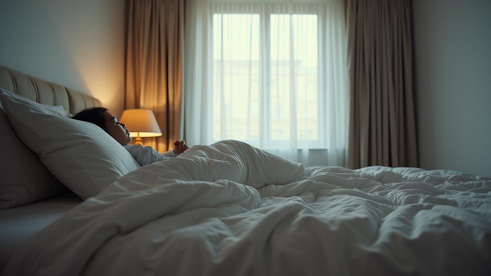 Eye-level view of a bedroom with a person turning in bed