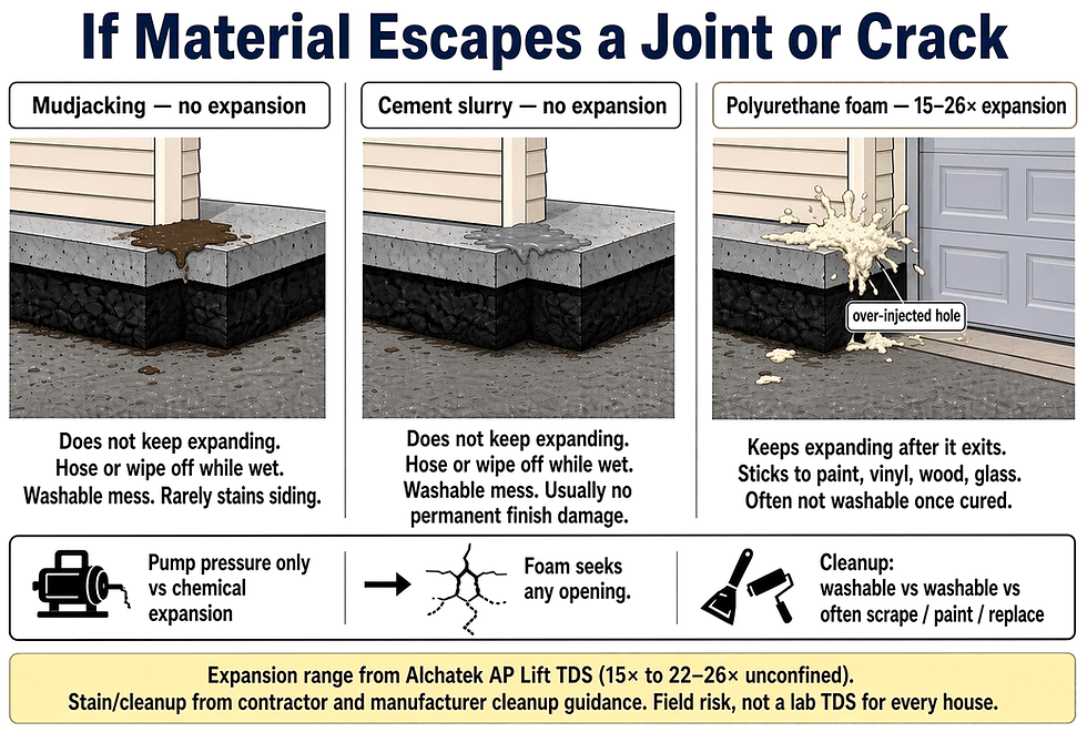 Three illustrations of material escaping at the joint between a slab and a house. Mudjacking and cement slurry leave a washable puddle that does not keep expanding. Polyurethane foam keeps expanding after it exits and sticks to paint, vinyl, wood and glass.