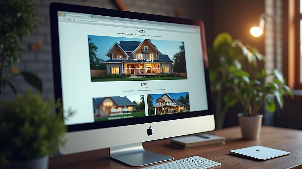 High angle view of a computer screen showing real estate listings on a website