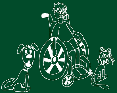 Mantha in a wheelchair with her dog & cat.  This image is complete in a dark hunter green with a white outline on the outside.  
