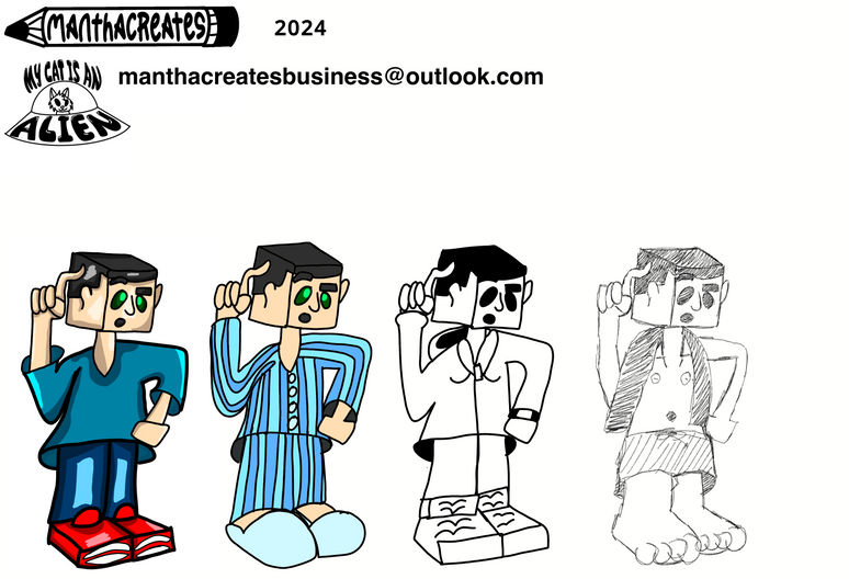 Various Outfit stylings which show Lucas the human in daytime clothes, pajamas, winter clothes, and swimsuit wear.