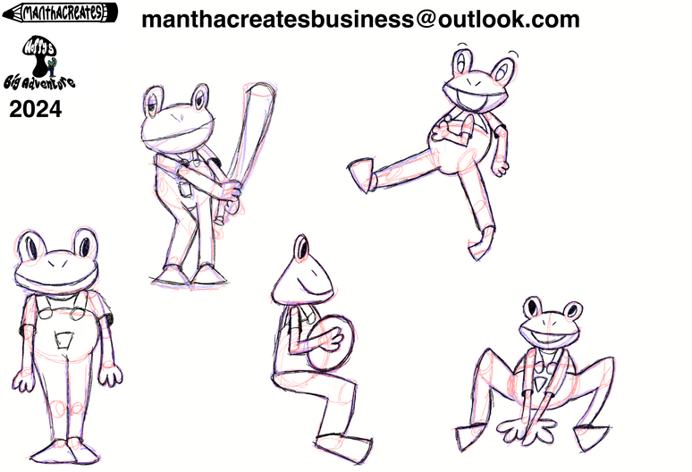 Various sketches that are completed in white, black, red and blue of a the frog named Hoppy in various poses.