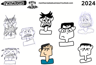 Various expressions are shown of a character with some that are sketches some final line and one that is flat color.  The expressions are heartbroken, angry, content, tired, shocked, terrified, and fear. 
There are two logos that are shown MANTHACREATES and MY CAT IS AN ALIEN.  The year 2024 is shown as well as the contact email manthacreatesbusiness@outlook.com