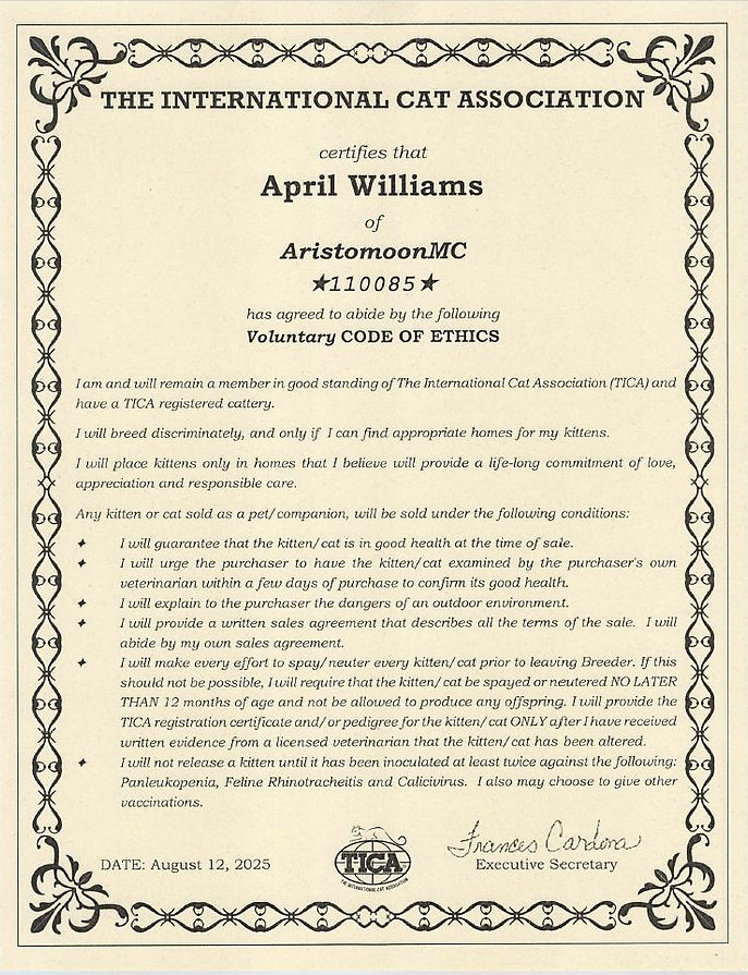 TICA Voluntary Code of Ethics signed by Aristomoon Maine Coon Cattery