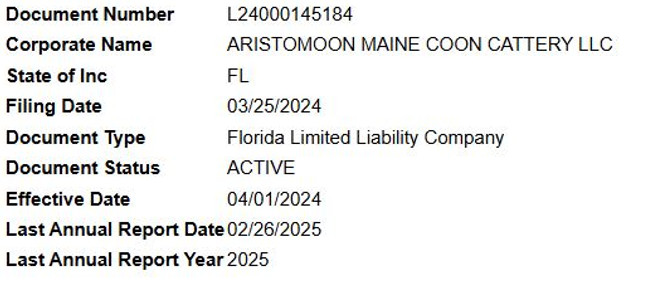 Florida LLC info for Aristomoon Maine Coon Cattery
