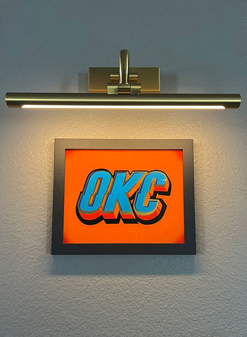 OKC Thunder sunset logo and colors with 23 ct gold outlines and enamel paint. Commissioned piece.