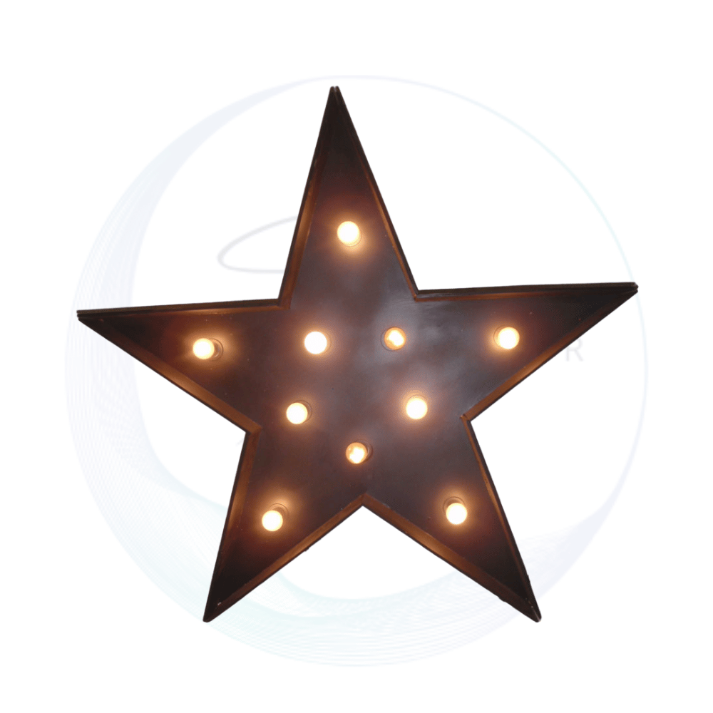 black electric marquee star with 10 globes 110cm x 120cm