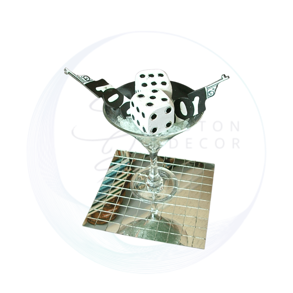 007 themed centrepiece 35cm tall x 35cm wide, casino and spy theme decor