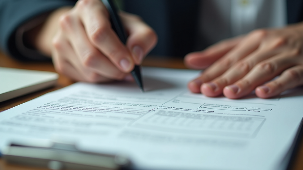 Close-up view of hands filling out a form with a pen