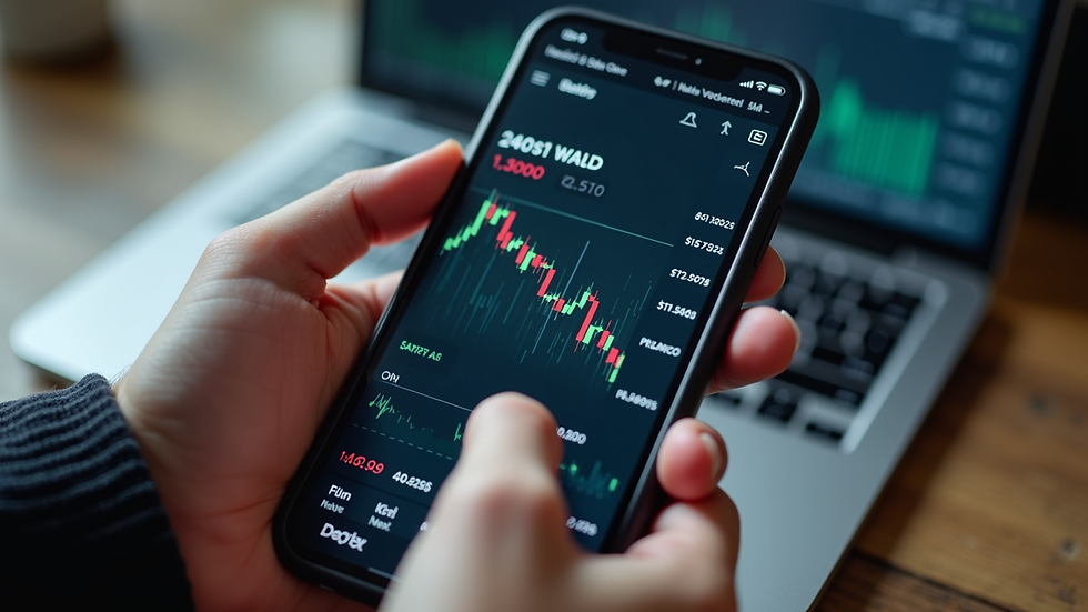 High angle view of a smartphone displaying a stock trading app